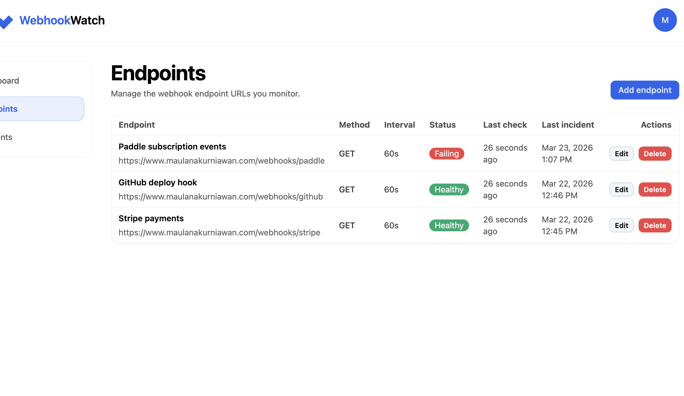 WebhookWatch endpoints list showing monitored webhook URLs, status, check interval, and last incident
