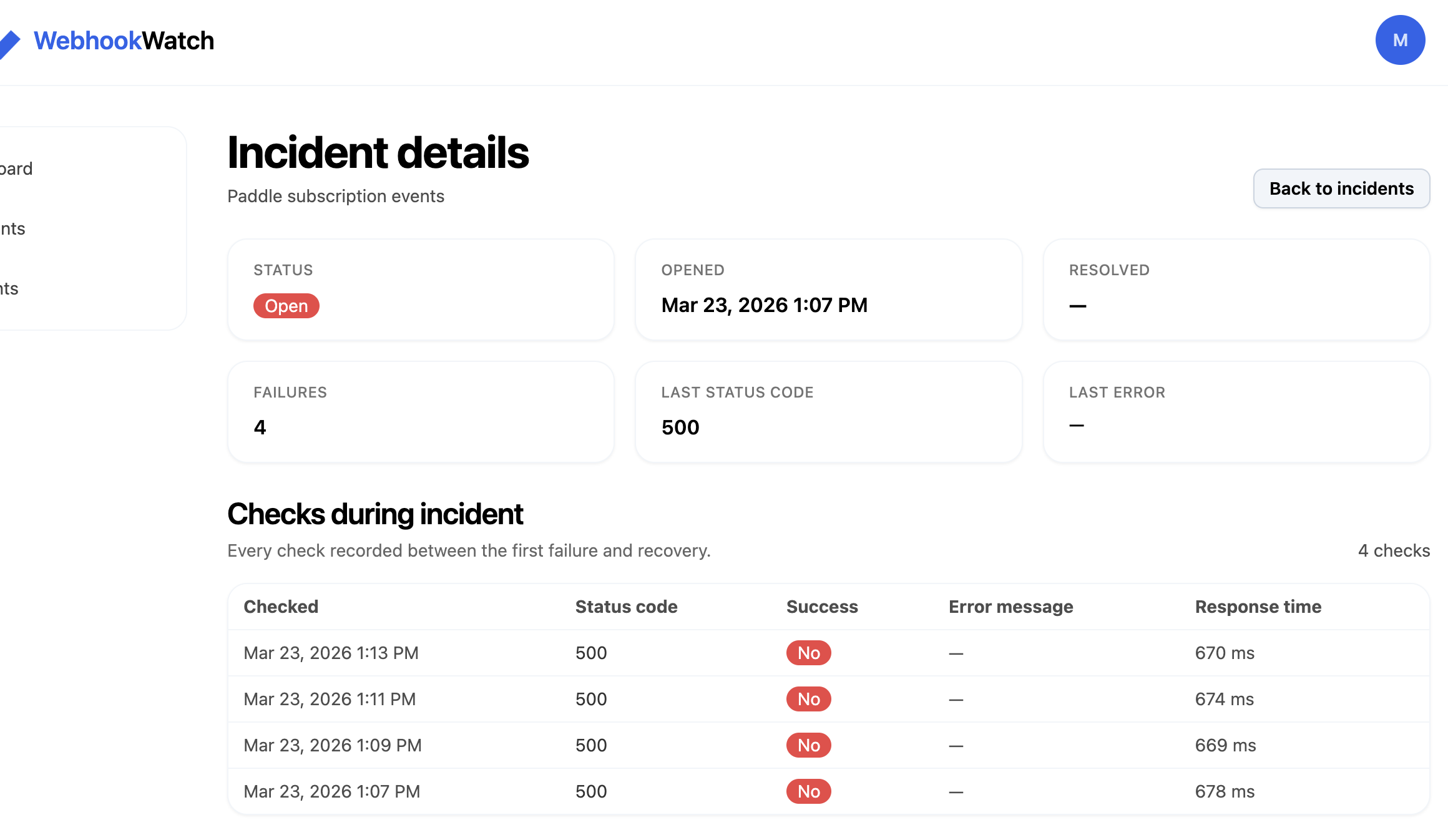 WebhookWatch incident details view showing failure count, status code, and checks during an incident